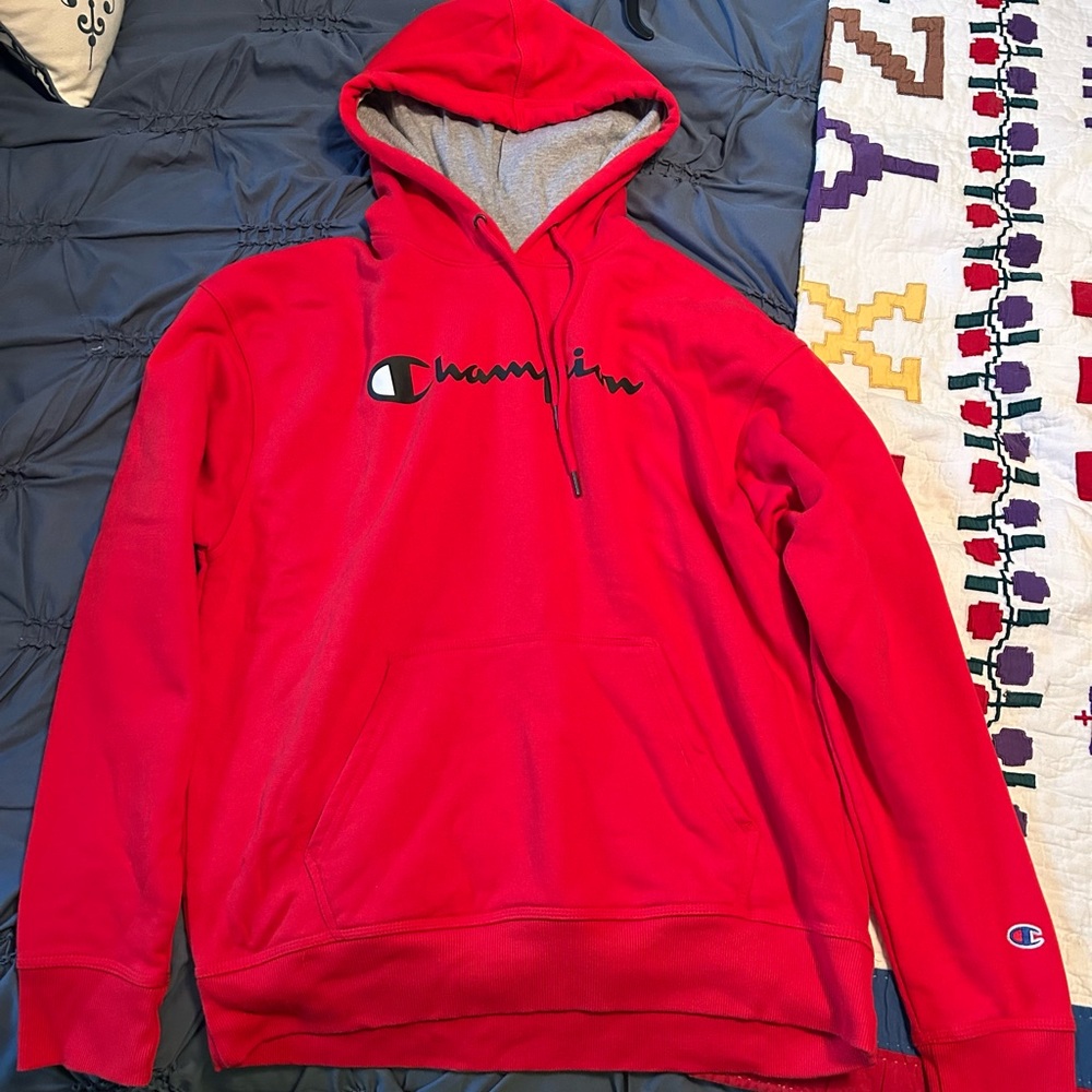 Champion Red Hooded Pullover Sweatshirt with Script Logo